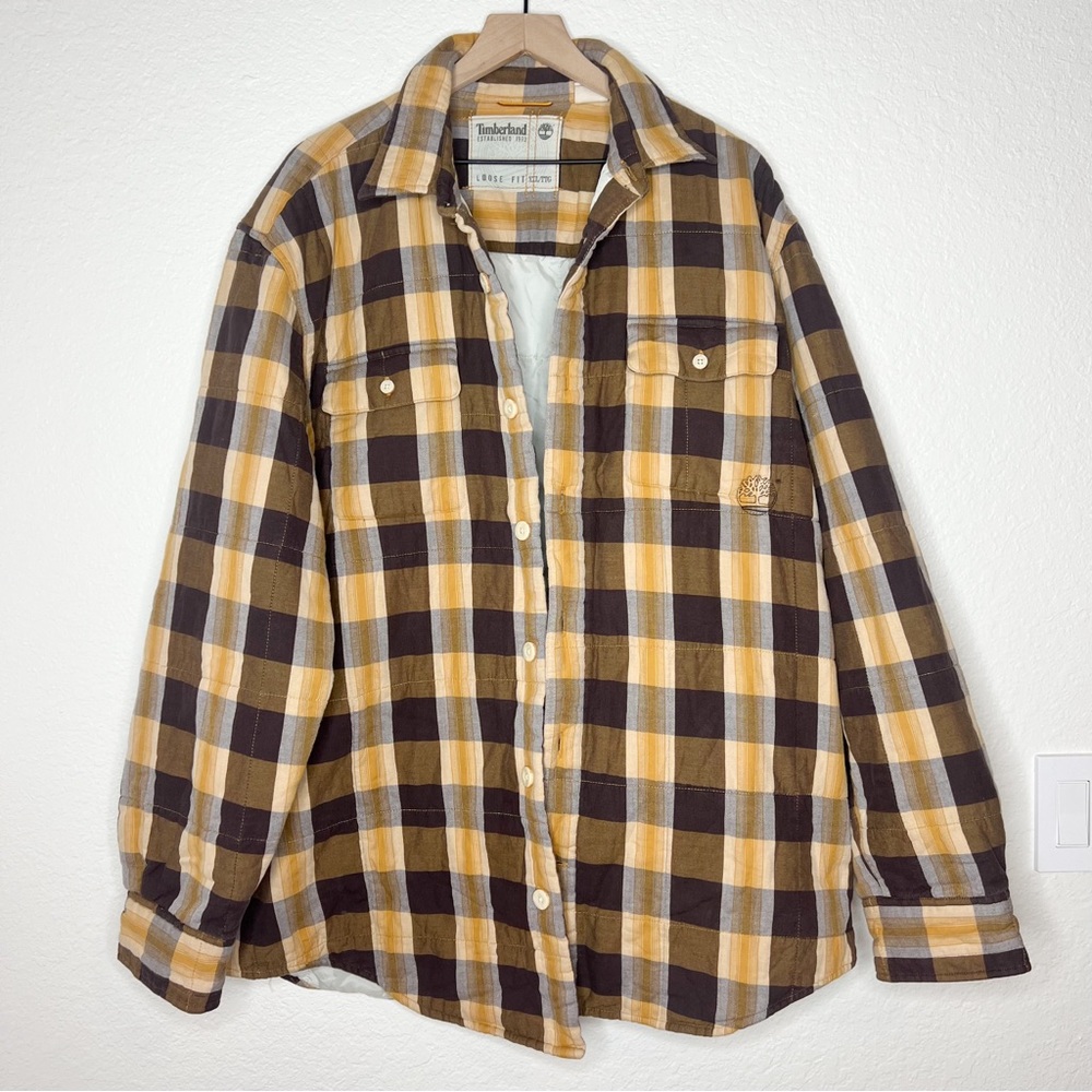 Timberland Men’s Plaid Shacket Quilted Jacket Yellow Brown size XXL